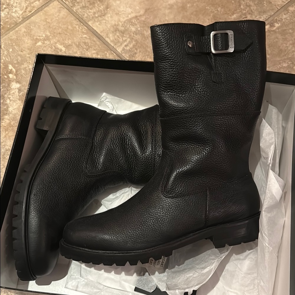 Hunter Black Leather Combat Boots with warm sherpa lining.